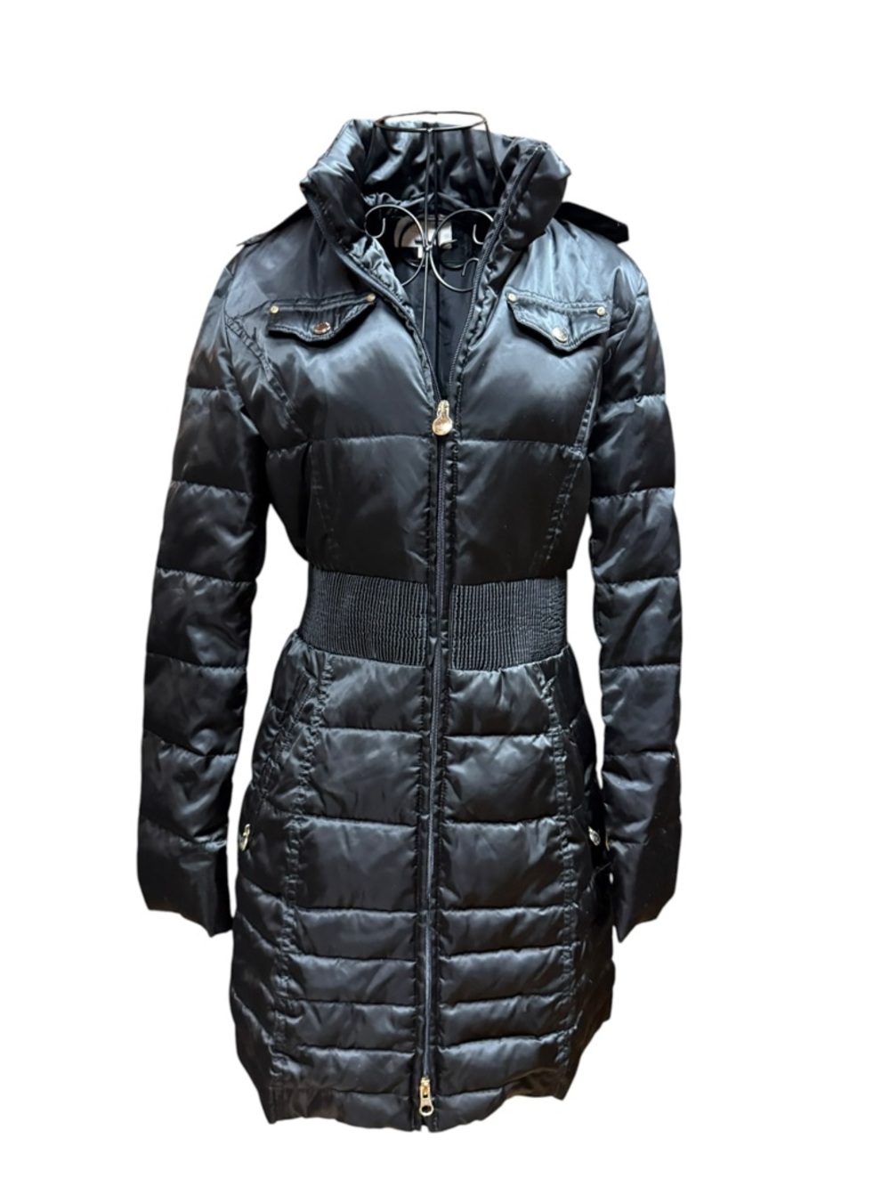 Laundry By Shelli Segal Black Quilted Cinched Waist Puffer Coat Small